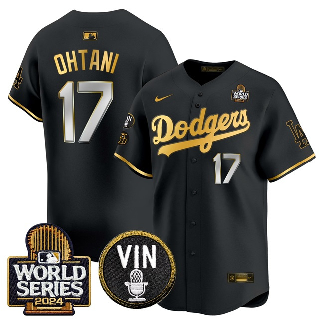 Men's Los Angeles Dodgers #17 Shohei Ohtani Black Gold 2024 World Series Vin & Kobe Patch Limited Stitched Baseball Jersey Men's Los Angeles Dodgers #17 Shohei Ohtani Black Gold 2024 World Series Vin & Kobe Patch Limited Stitched Baseball Jersey