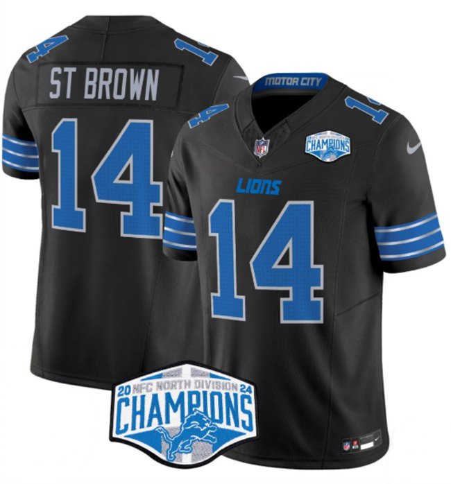 Men's Detroit Lions #14 Amon-Ra St. Brown Black 2024 NFC North Champions F.U.S.E. Vapor Limited Stitched Jersey Men's Detroit Lions #14 Amon-Ra St. Brown Black 2024 NFC North Champions F.U.S.E. Vapor Limited Stitched Jersey