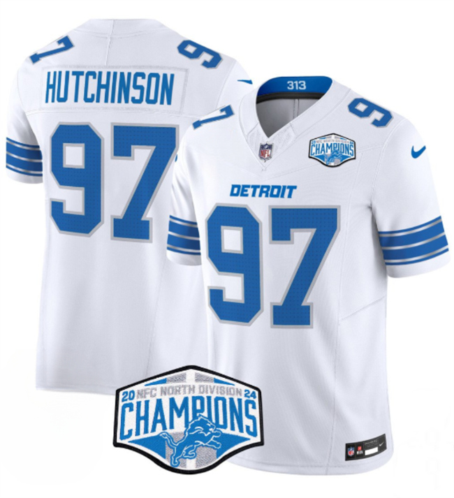 Men's Detroit Lions #97 Aidan Hutchinson White 2024 NFC North Champions F.U.S.E. Vapor Limited Stitched Jersey Men's Detroit Lions #97 Aidan Hutchinson White 2024 NFC North Champions F.U.S.E. Vapor Limited Stitched Jersey
