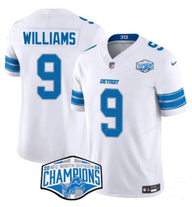 Men's Detroit Lions #9 Jameson Williams White 2024 NFC North Champions F.U.S.E. Vapor Limited Stitched Jersey Men's Detroit Lions #9 Jameson Williams White 2024 NFC North Champions F.U.S.E. Vapor Limited Stitched Jersey