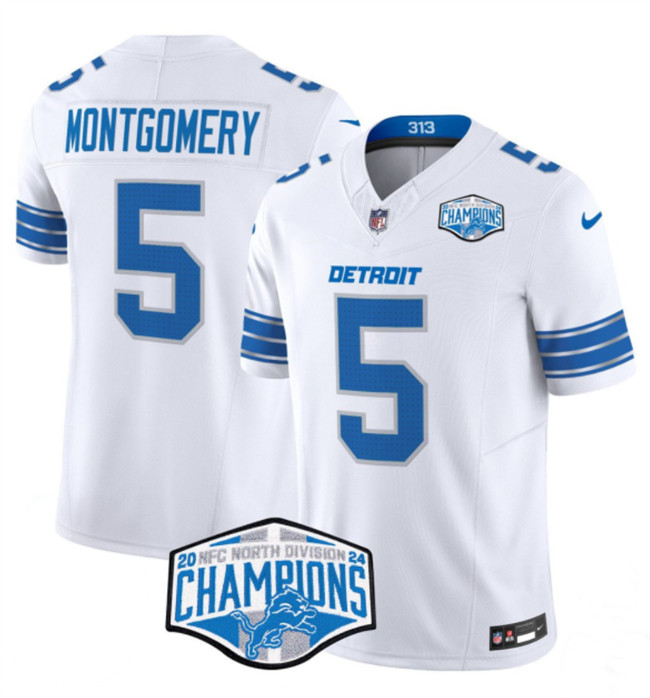 Men's Detroit Lions #5 David Montgomery White 2024 NFC North Champions F.U.S.E. Vapor Limited Stitched Jersey Men's Detroit Lions #5 David Montgomery White 2024 NFC North Champions F.U.S.E. Vapor Limited Stitched Jersey