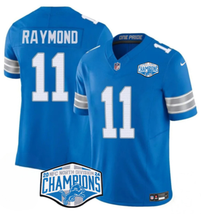 Men's Detroit Lions #11 Kalif Raymond Blue 2024 NFC North Champions F.U.S.E. Vapor Limited Stitched Jersey Men's Detroit Lions #11 Kalif Raymond Blue 2024 NFC North Champions F.U.S.E. Vapor Limited Stitched Jersey