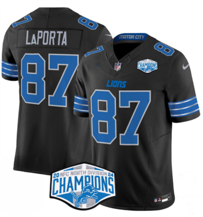 Men's Detroit Lions #87 Sam LaPorta Black 2024 NFC North Champions F.U.S.E. Vapor Limited Stitched Jersey Men's Detroit Lions #87 Sam LaPorta Black 2024 NFC North Champions F.U.S.E. Vapor Limited Stitched Jersey