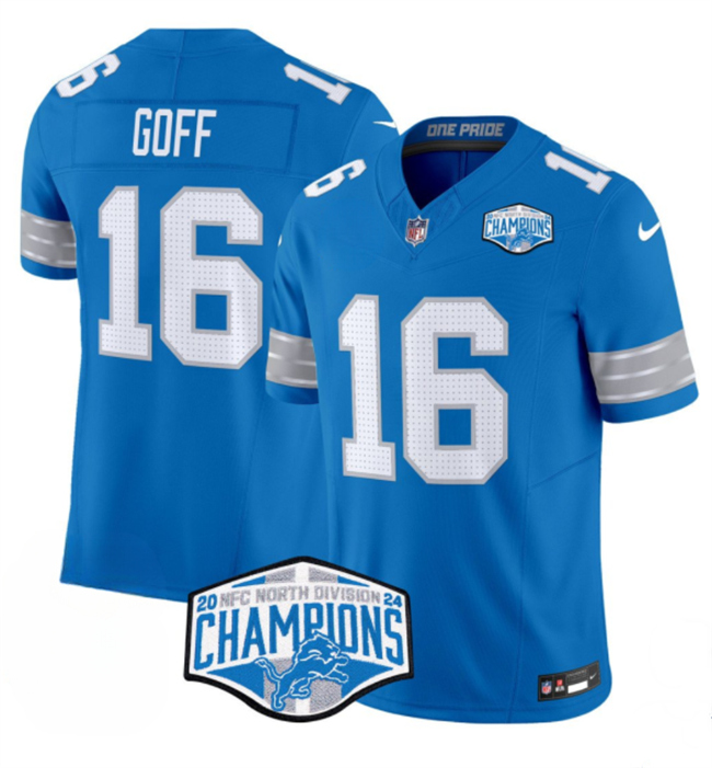Men's Detroit Lions #16 Jared Goff Blue 2024 NFC North Champions F.U.S.E. Vapor Limited Stitched Jersey Men's Detroit Lions #16 Jared Goff Blue 2024 NFC North Champions F.U.S.E. Vapor Limited Stitched Jersey