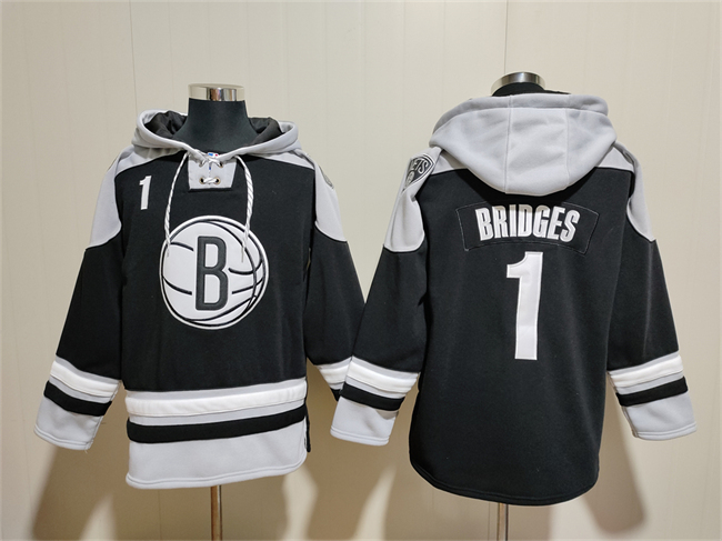 Men's Brooklyn Nets #1 Mikal Bridges Black Lace-Up Pullover Hoodie Men's Brooklyn Nets #1 Mikal Bridges Black Lace-Up Pullover Hoodie