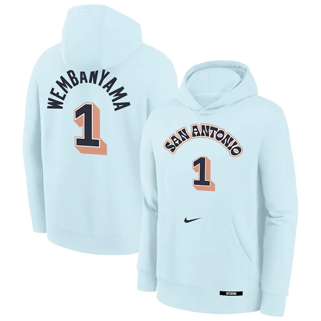 Men's San Antonio Spurs #1 Victor Wembanyama Light Blue 2024 25 City Edition Fleece Club Pullover Hoodie Men's San Antonio Spurs #1 Victor Wembanyama Light Blue 2024 25 City Edition Fleece Club Pullover Hoodie