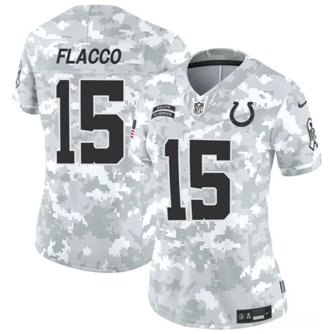Women's Indianapolis Colts #15 Joe Flacco 2024 F.U.S.E Arctic Camo Salute To Service Limited Stitched Jersey(Run Small) Women's Indianapolis Colts #15 Joe Flacco 2024 F.U.S.E Arctic Camo Salute To Service Limited Stitched Jersey(Run Small)