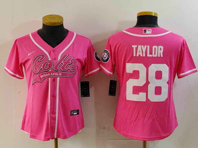 Women's Indianapolis Colts #28 Jonathan Taylor Pink With Patch Cool Base Stitched Baseball Jersey(Run Small) 2 Women's Indianapolis Colts #28 Jonathan Taylor Pink With Patch Cool Base Stitched Baseball Jersey(Run Small) 2