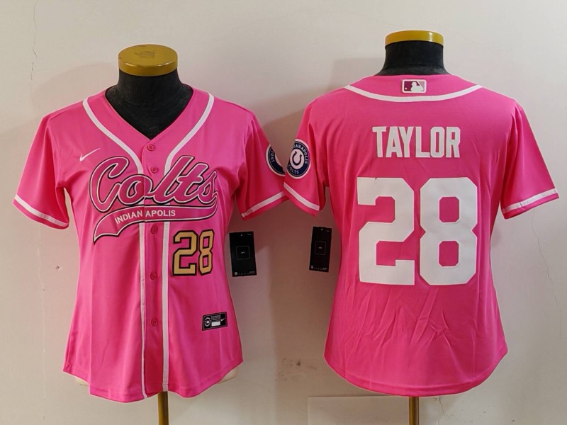 Women's Indianapolis Colts #28 Jonathan Taylor Pink With Patch Cool Base Stitched Baseball Jersey(Run Small) 1 Women's Indianapolis Colts #28 Jonathan Taylor Pink With Patch Cool Base Stitched Baseball Jersey(Run Small) 1