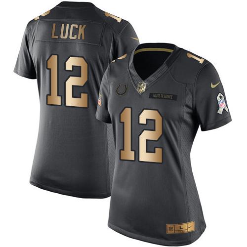 Nike Colts #12 Andrew Luck Black Women's Stitched NFL Limited Gold Salute to Service Jersey Nike Colts #12 Andrew Luck Black Women's Stitched NFL Limited Gold Salute to Service Jersey