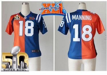 Nike Colts #18 Peyton Manning OrangeBlue Super Bowl XLI & Super Bowl 50 Women's Stitched NFL Elite Split Broncos Jersey