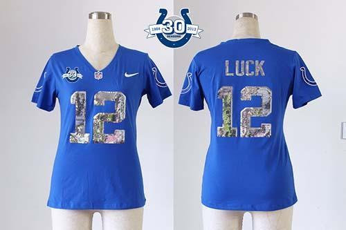 NEW Colts #12 Andrew Luck Royal Blue Team Color Handwork Sequin Lettering With 30TH Seasons Patch Women's Stitched NFL Elite Jersey NEW Colts #12 Andrew Luck Royal Blue Team Color Handwork Sequin Lettering With 30TH Seasons Patch Women's Stitched NFL Elite Jersey
