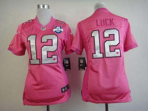 NEW Colts #12 Andrew Luck Pink With 30TH Seasons Patch Women's Be Luv'd Stitched NFL Elite Jersey