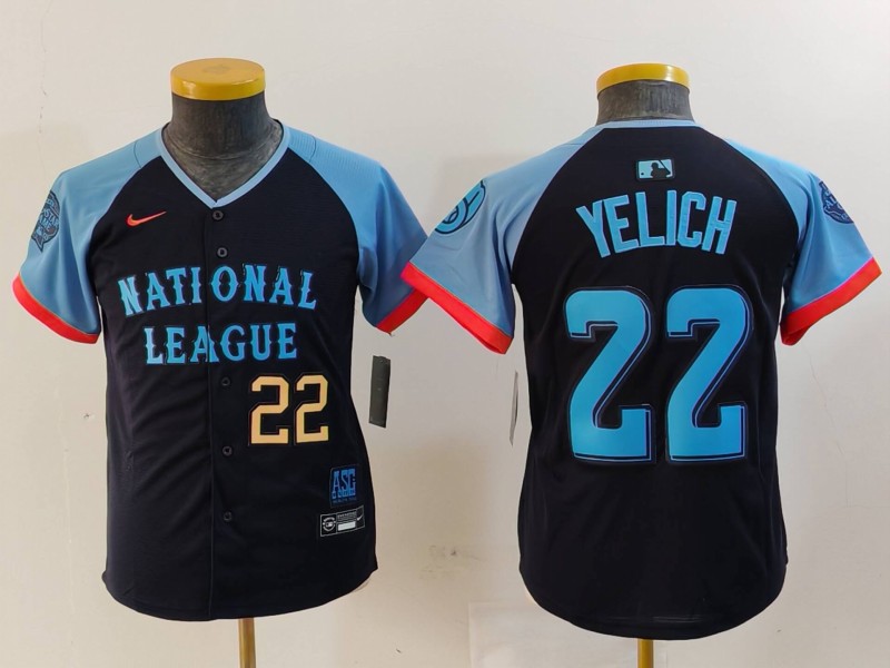 Youth National League #22 Christian Yelich Navy 2024 All-Star Limited Stitched Baseball Jersey 5 Youth National League #22 Christian Yelich Navy 2024 All-Star Limited Stitched Baseball Jersey 5
