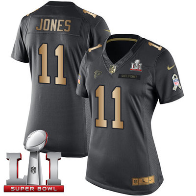 Nike Falcons #11 Julio Jones Black Super Bowl LI 51 Women's Stitched NFL Limited Gold Salute to Service Jersey