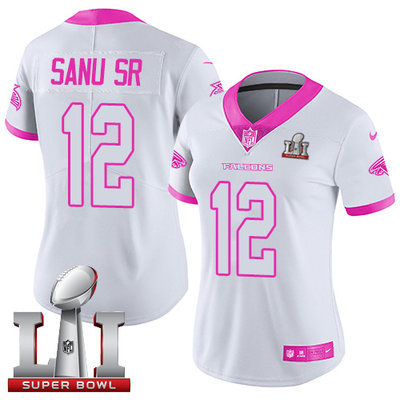 Nike Falcons #12 Mohamed Sanu Sr White Pink Super Bowl LI 51 Women's Stitched NFL Limited Rush Fashion Jersey