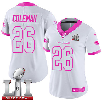 Nike Falcons #26 Tevin Coleman White Pink Super Bowl LI 51 Women's Stitched NFL Limited Rush Fashion Jersey