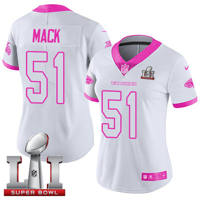 Nike Falcons #51 Alex Mack White Pink Super Bowl LI 51 Women's Stitched NFL Limited Rush Fashion Jersey
