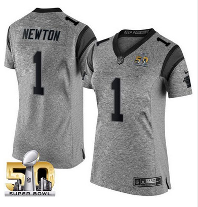 Nike Panthers #1 Cam Newton Gray Super Bowl 50 Women's Stitched NFL Limited Gridiron Gray Jersey