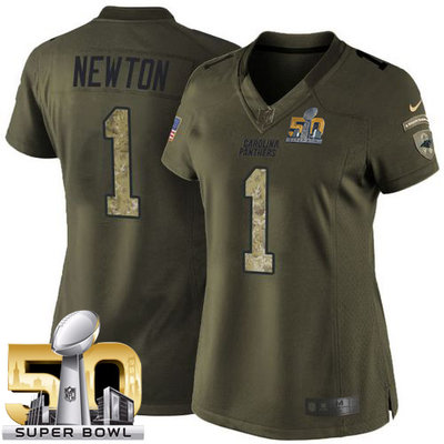 Nike Panthers #1 Cam Newton Green Super Bowl 50 Women's Stitched NFL Limited Salute to Service Jersey