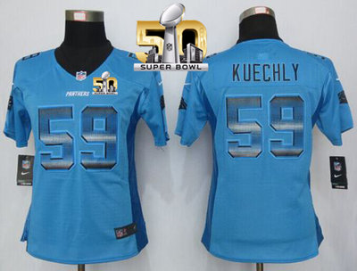 Nike Panthers #59 Luke Kuechly Blue Alternate Super Bowl 50 Women's Stitched NFL Elite Strobe Jersey Nike Panthers #59 Luke Kuechly Blue Alternate Super Bowl 50 Women's Stitched NFL Elite Strobe Jersey