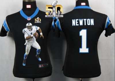 Nike Panthers #1 Cam Newton Black Team Color Super Bowl 50 Women's Portrait Fashion NFL Game Jersey Nike Panthers #1 Cam Newton Black Team Color Super Bowl 50 Women's Portrait Fashion NFL Game Jersey