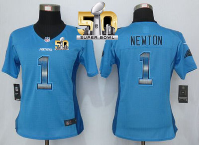 Nike Panthers #1 Cam Newton Blue Alternate Super Bowl 50 Women's Stitched NFL Elite Strobe Jersey Nike Panthers #1 Cam Newton Blue Alternate Super Bowl 50 Women's Stitched NFL Elite Strobe Jersey