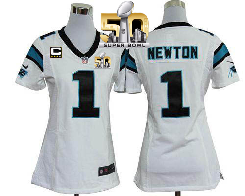 Nike Panthers #1 Cam Newton White With C Patch Super Bowl 50 Women's Stitched NFL Elite Jersey Nike Panthers #1 Cam Newton White With C Patch Super Bowl 50 Women's Stitched NFL Elite Jersey