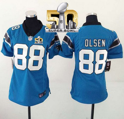 Nike Panthers #88 Greg Olsen Blue Alternate Super Bowl 50 Women's Stitched NFL Elite Jersey