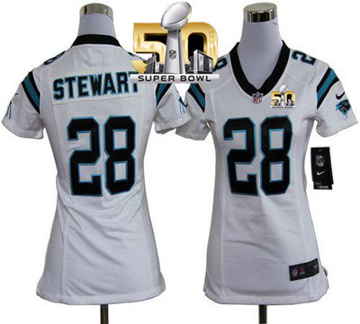 Nike Panthers #28 Jonathan Stewart White Super Bowl 50 Women's Stitched NFL Elite Jersey