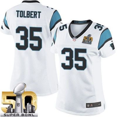 Nike Panthers #35 Mike Tolbert White Super Bowl 50 Women's Stitched NFL Elite Jersey Nike Panthers #35 Mike Tolbert White Super Bowl 50 Women's Stitched NFL Elite Jersey