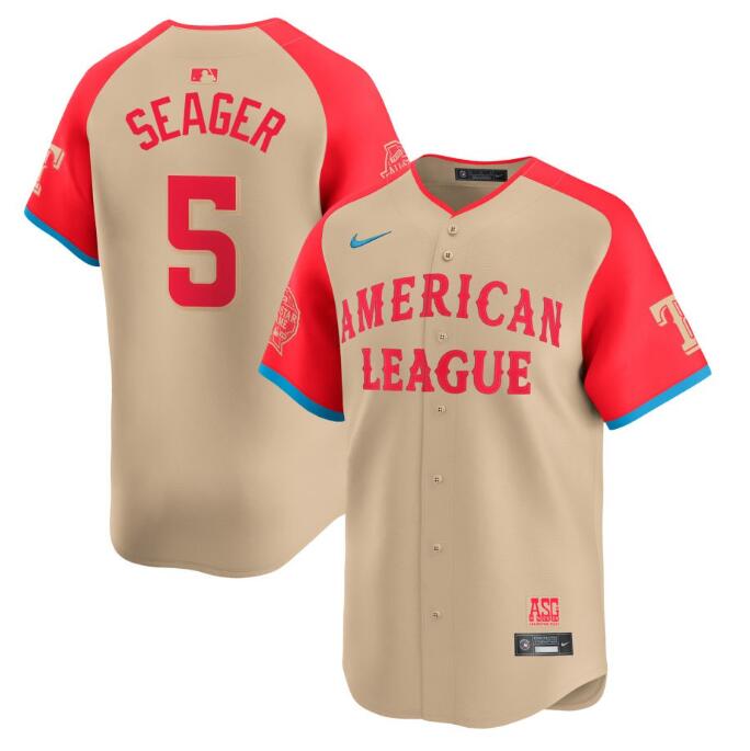 Men's American League #5 Corey Seager Cream 2024 All-Star Limited Stitched Baseball Jersey Men's American League #5 Corey Seager Cream 2024 All-Star Limited Stitched Baseball Jersey