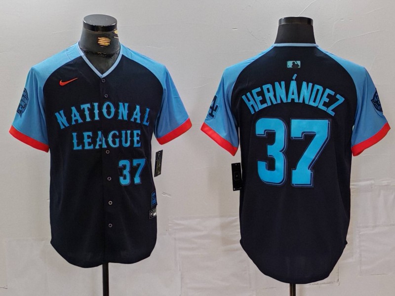 Men's National League #37 Teoscar Hernandez Navy 2024 All-Star Limited Stitched Baseball Jersey 3 Men's National League #37 Teoscar Hernandez Navy 2024 All-Star Limited Stitched Baseball Jersey 3