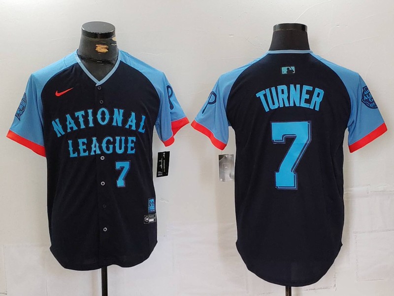 Men's National League #7 Trea Turner Navy 2024 All-Star Limited Stitched Baseball Jersey 2 Men's National League #7 Trea Turner Navy 2024 All-Star Limited Stitched Baseball Jersey 2