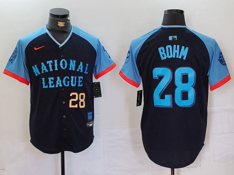 Men's National League #28 Alec Bohm Navy 2024 All-Star Limited Stitched Baseball Jersey 6 Men's National League #28 Alec Bohm Navy 2024 All-Star Limited Stitched Baseball Jersey 6
