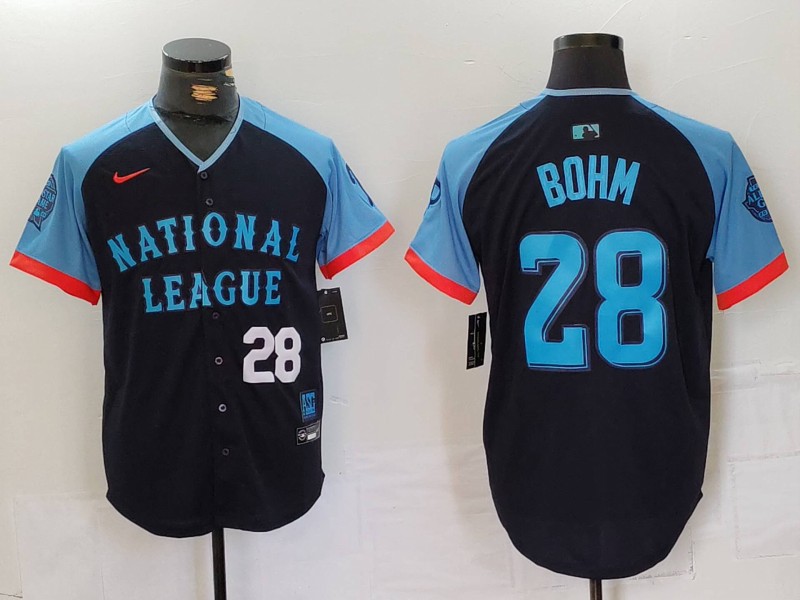 Men's National League #28 Alec Bohm Navy 2024 All-Star Limited Stitched Baseball Jersey 2 Men's National League #28 Alec Bohm Navy 2024 All-Star Limited Stitched Baseball Jersey 2