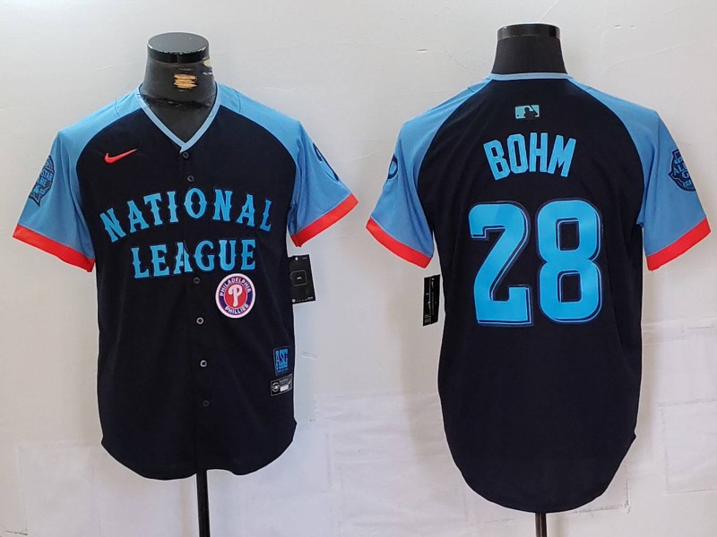 Men's National League #28 Alec Bohm Navy 2024 All-Star Limited Stitched Baseball Jersey 1 Men's National League #28 Alec Bohm Navy 2024 All-Star Limited Stitched Baseball Jersey 1