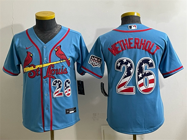 Youth St. Louis Cardinals #26 JJ Wetherholt Blue USA 250 Fourth of July Stitched Baseball Jersey