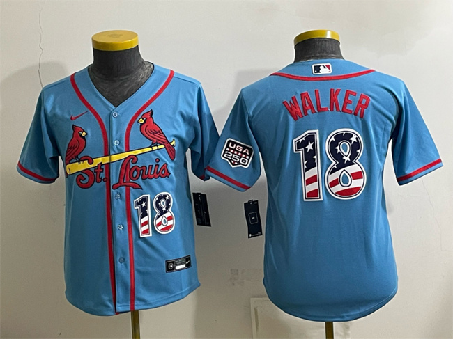 Youth St. Louis Cardinals #18 Jordan Walker Blue USA 250 Fourth of July Stitched Baseball Jersey