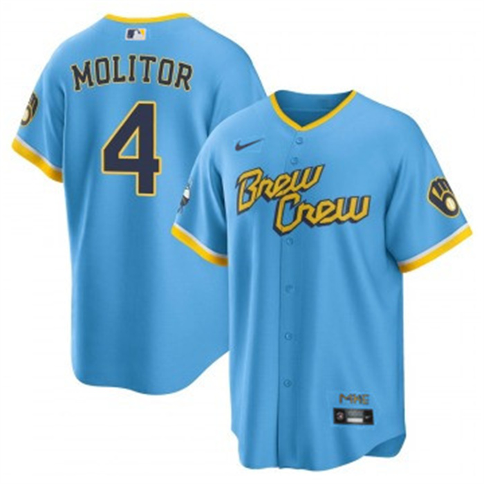 Youth Milwaukee Brewers #4 Paul Molitor 2022 Powder Blue City Connect Stitched Jersey Youth Milwaukee Brewers #4 Paul Molitor 2022 Powder Blue City Connect Stitched Jersey