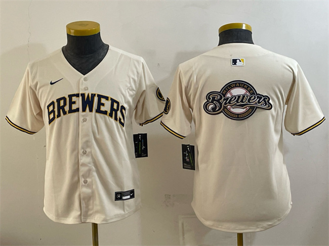 Youth Milwaukee Brewers Team Big Logo Cream Limited Stitched Jersey