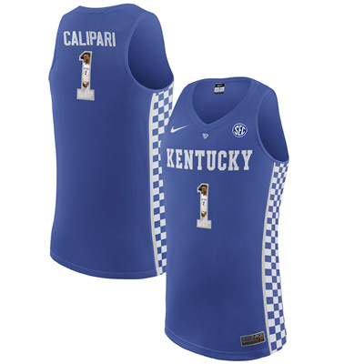 Kentucky Wildcats 1 Coach John Calipari Royal Blue With Portrait Print College Basketball Jersey