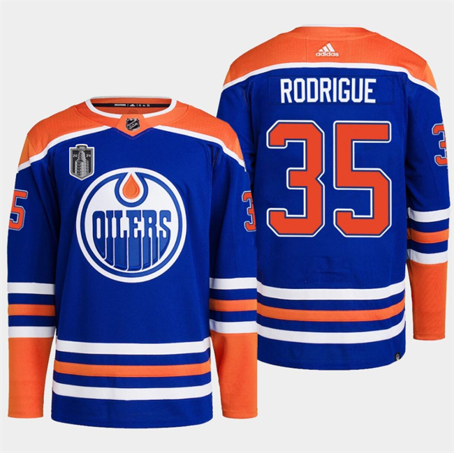 Men's Edmonton Oilers #35 Olivier Rodrigue Royal 2024 Stanley Cup Final Patch Stitched Jersey Men's Edmonton Oilers #35 Olivier Rodrigue Royal 2024 Stanley Cup Final Patch Stitched Jersey