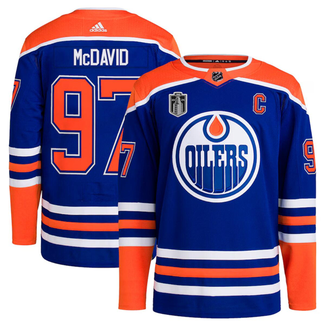 Men's Edmonton Oilers #97 Connor McDavid Royal 2024 Stanley Cup Final Patch Stitched Jersey Men's Edmonton Oilers #97 Connor McDavid Royal 2024 Stanley Cup Final Patch Stitched Jersey
