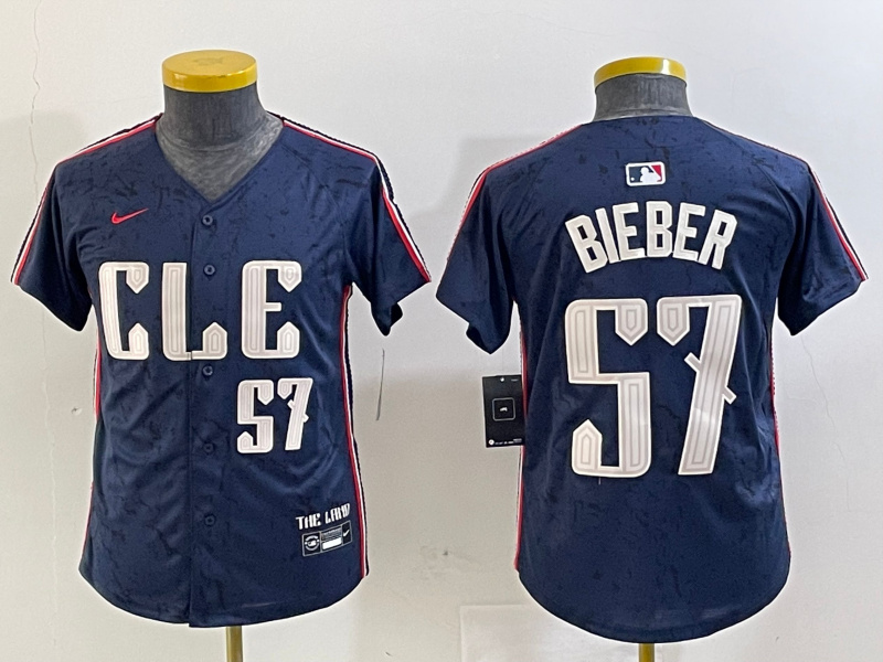 Youth Cleveland Guardians #57 Shane Bieber Navy 2024 City Connect Limited Stitched Baseball Jersey 2 Youth Cleveland Guardians #57 Shane Bieber Navy 2024 City Connect Limited Stitched Baseball Jersey 2