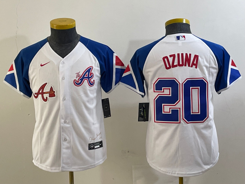 Youth Atlanta Braves #20 Marcell Ozuna White 2023 City Connect Stitched Baseball Jersey(Run Small) 3 Youth Atlanta Braves #20 Marcell Ozuna White 2023 City Connect Stitched Baseball Jersey(Run Small) 3