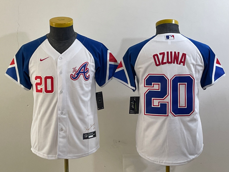 Youth Atlanta Braves #20 Marcell Ozuna White 2023 City Connect Stitched Baseball Jersey(Run Small) 2 Youth Atlanta Braves #20 Marcell Ozuna White 2023 City Connect Stitched Baseball Jersey(Run Small) 2