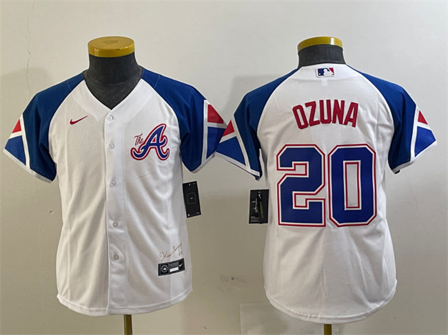Youth Atlanta Braves #20 Marcell Ozuna White 2023 City Connect Stitched Baseball Jersey Youth Atlanta Braves #20 Marcell Ozuna White 2023 City Connect Stitched Baseball Jersey