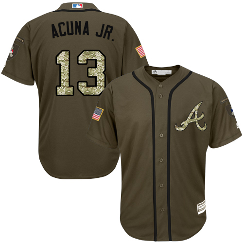 Braves #13 Ronald Acuna Jr. Green Salute to Service Stitched Youth Baseball Jersey Braves #13 Ronald Acuna Jr. Green Salute to Service Stitched Youth Baseball Jersey