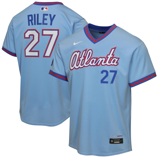 Youth Atlanta Braves #27 Austin Riley Powder Blue 2026 City Connect Stadium Stitched Baseball Jersey Youth Atlanta Braves #27 Austin Riley Powder Blue 2026 City Connect Stadium Stitched Baseball Jersey